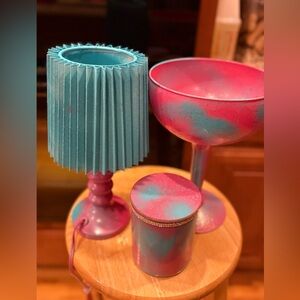 Hand-Painted teal & Pink w/gold splash Decorative Lamp and Bowl Set